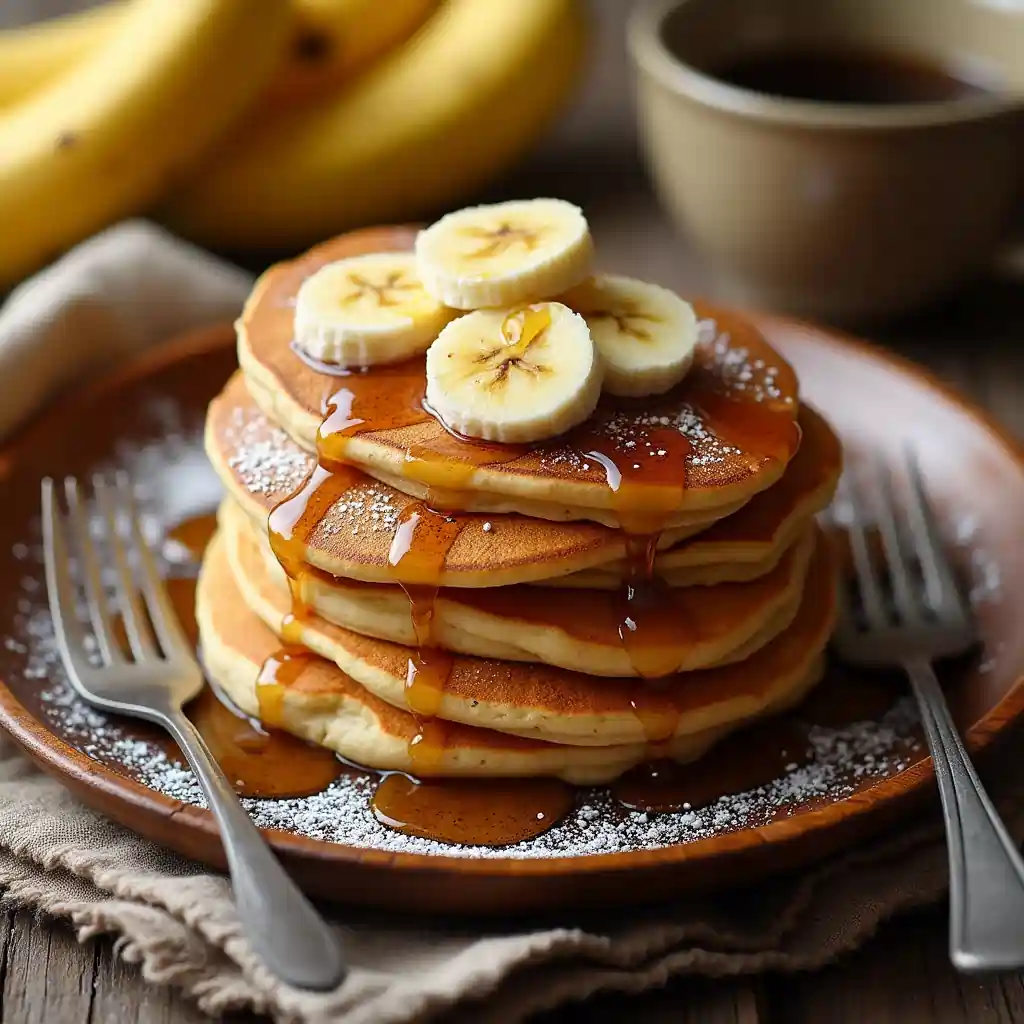 Fluffy Banana Pancakes topped with fresh banana slices, maple syrup, and a dusting of powdered sugar