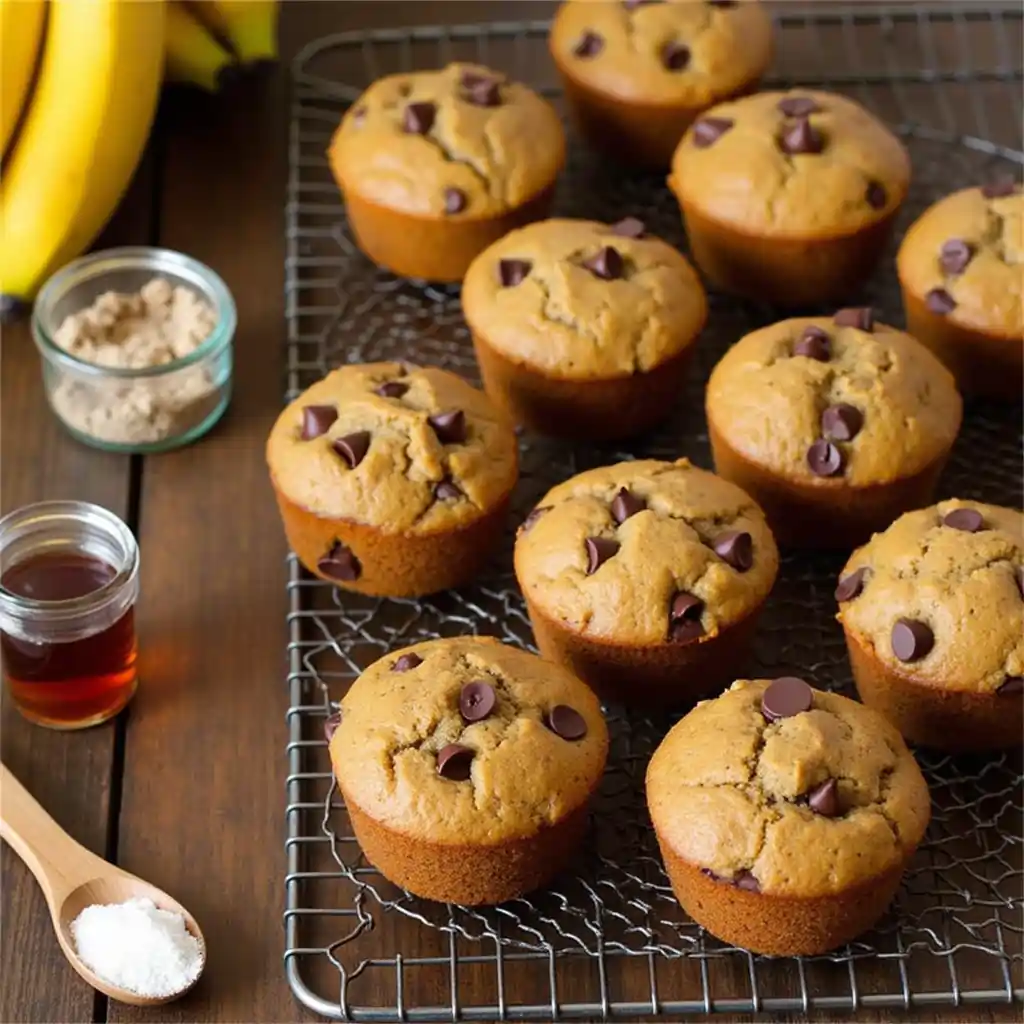 Freshly baked Banana Chocolate Chip Muffins with golden tops and melting chocolate chips.