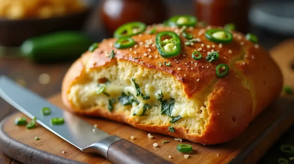 Freshly baked vegan jalapeno cheese artisan bread with a golden crust and gooey cheese, placed on a wooden cutting board