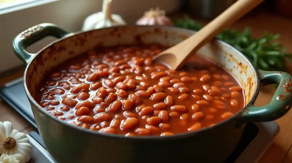 A rustic bowl of homemade baked beans recipe, rich in color, garnished with fresh parsley, and served on a wooden table with ingredients like garlic, onions, and molasses in the background.