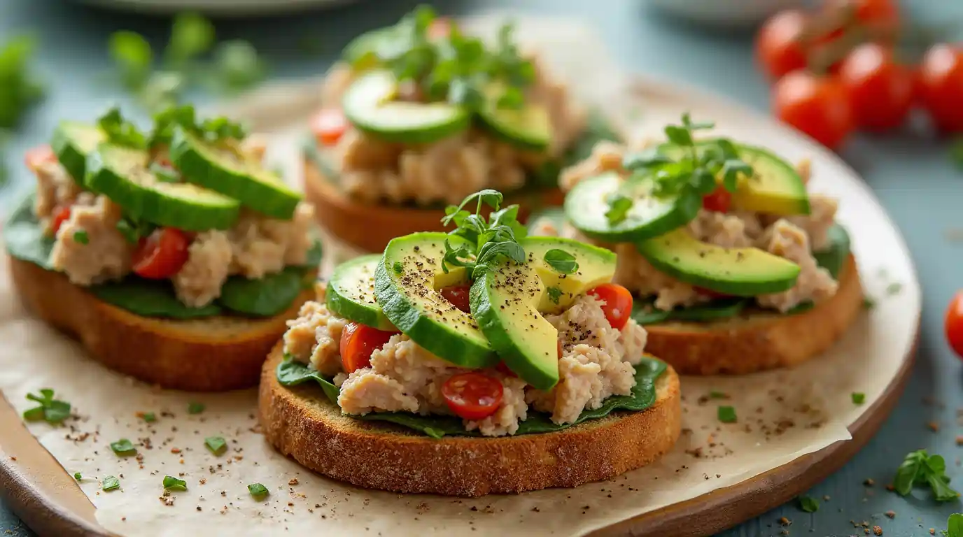 Tuna on whole grain toast topped with avocado, fresh veggies, and herbs, served with a side of pickles and salad