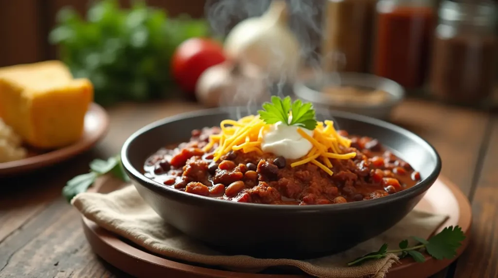 A steaming bowl of hearty deer camp venison chili filled with tender venison, beans, tomatoes, and spices, garnished with cheddar cheese and sour cream, served with cornbread and rice on a rustic wooden table.