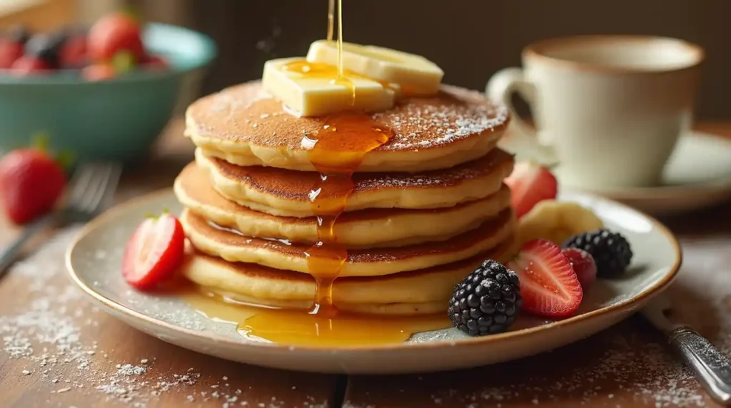 Fluffy Cracker Barrel pancakes stacked on a plate, topped with melting butter and drizzled with maple syrup, served with fresh fruit and coffee.