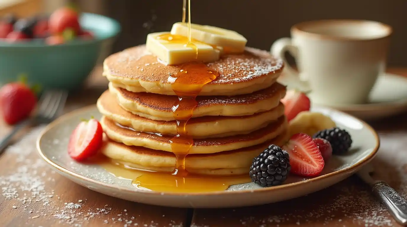 Fluffy Cracker Barrel pancakes stacked on a plate, topped with melting butter and drizzled with maple syrup, served with fresh fruit and coffee.