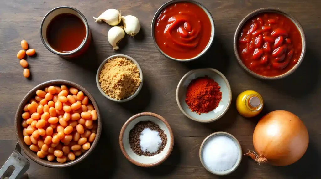 A rustic bowl of homemade baked beans recipe, rich in color, garnished with fresh parsley, and served on a wooden table with ingredients like garlic, onions, and molasses in the background.