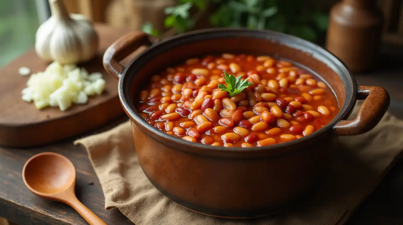 A rustic bowl of homemade baked beans recipe, rich in color, garnished with fresh parsley, and served on a wooden table with ingredients like garlic, onions, and molasses in the background.