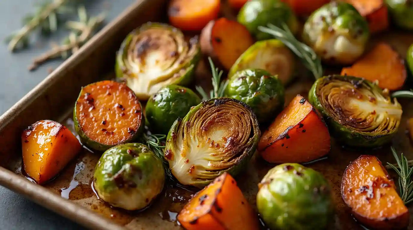 Roasted Brussels sprouts and sweet potatoes with crispy edges and caramelized sweetness, garnished with herbs.