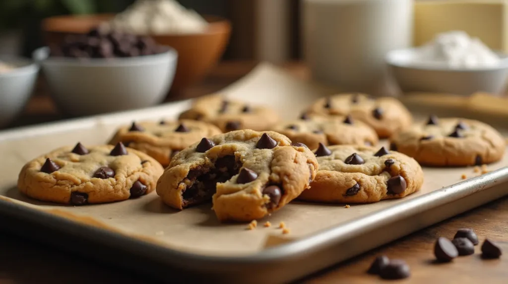Freshly baked small batch chocolate chip cookies on a cooling rack with gooey melted chocolate chips.