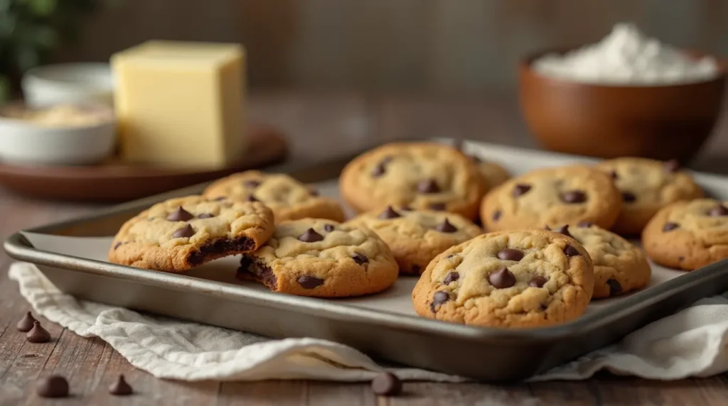 Freshly baked small batch chocolate chip cookies on a cooling rack with gooey melted chocolate chips.