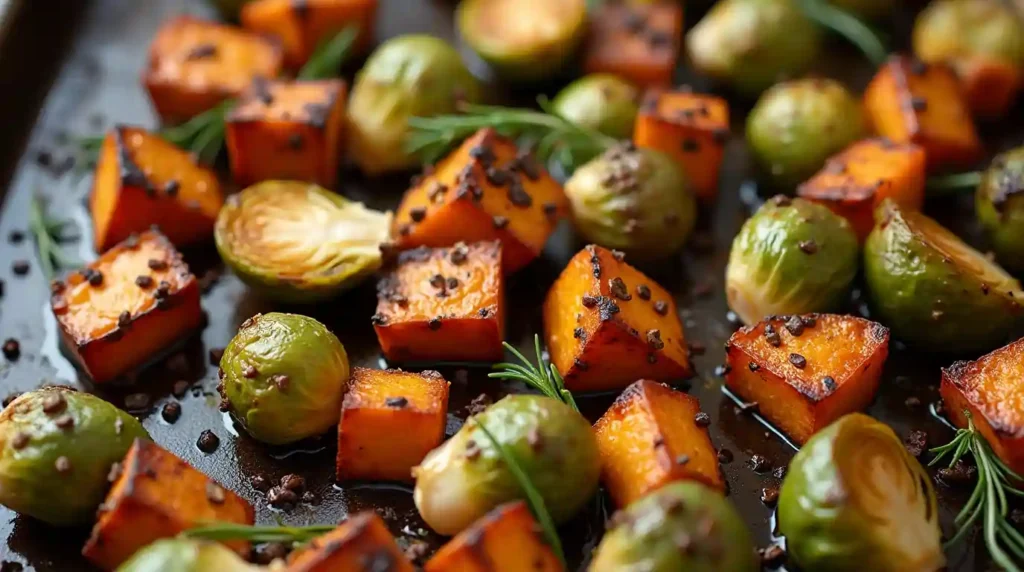 Roasted Brussels sprouts and sweet potatoes with crispy edges and caramelized sweetness, garnished with herbs.