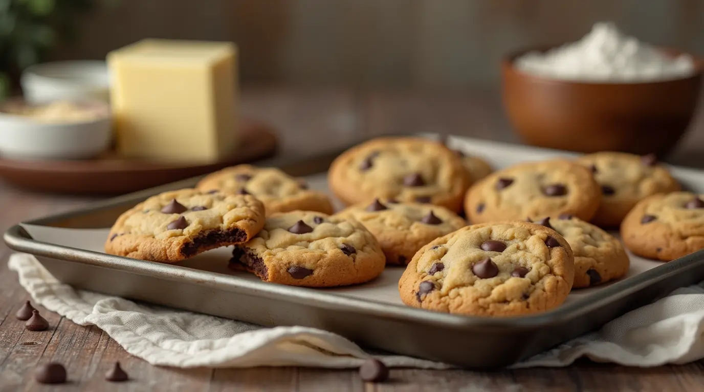 Freshly baked small batch chocolate chip cookies on a cooling rack with gooey melted chocolate chips.