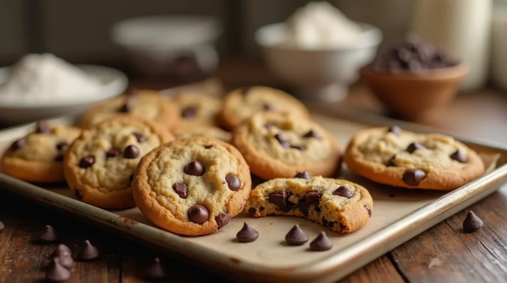 Freshly baked small batch chocolate chip cookies on a cooling rack with gooey melted chocolate chips