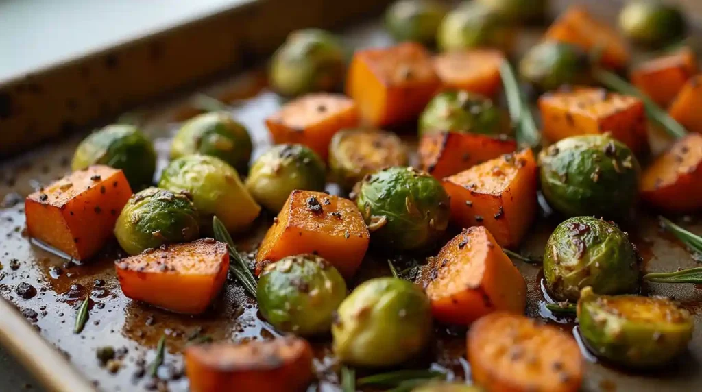 Roasted Brussels sprouts and sweet potatoes with crispy edges and caramelized sweetness, garnished with herbs.