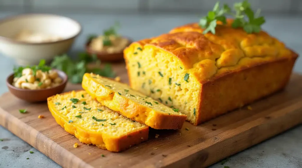 Freshly baked Vegan Egg Loaf sliced to show a golden, fluffy texture with vegetables and herbs
