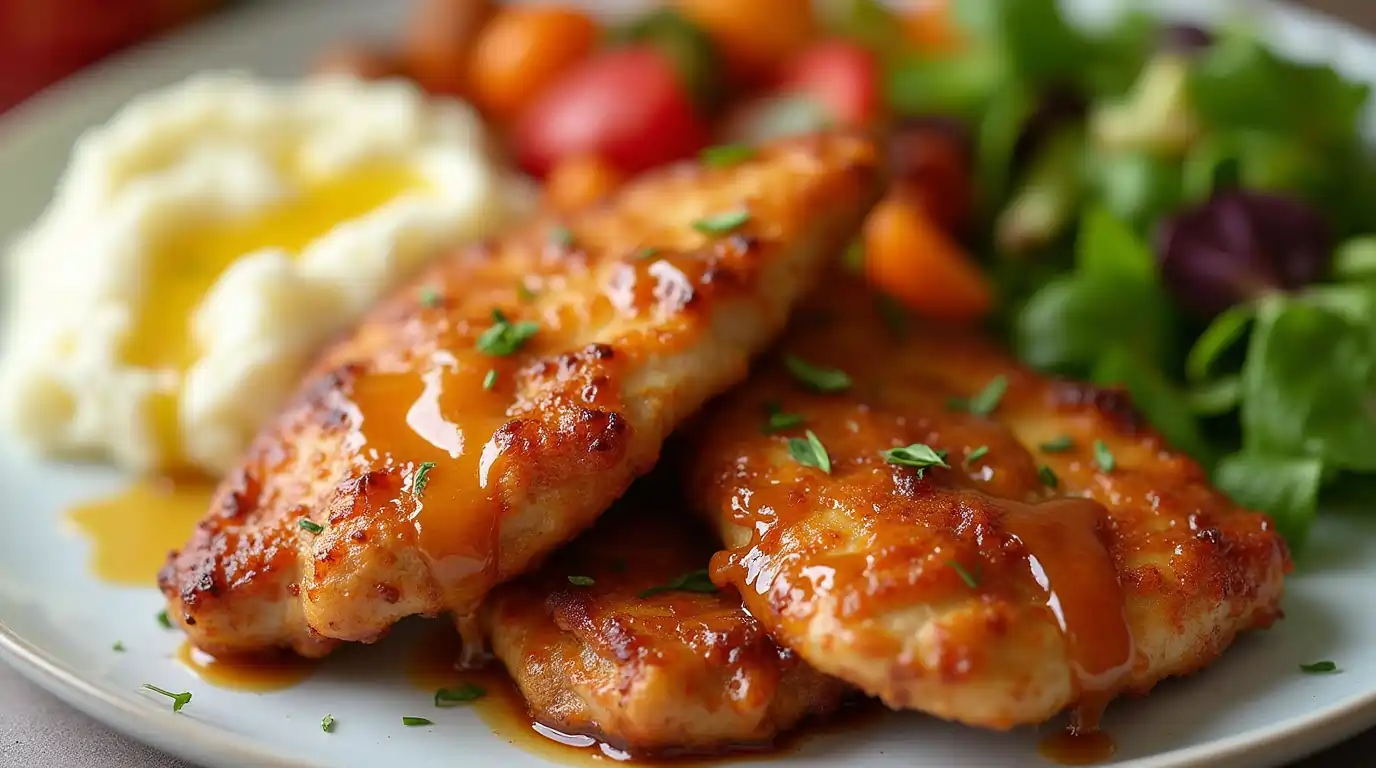 Apple and honey-glazed chicken tenders served with mashed potatoes, roasted vegetables, and a fresh green salad