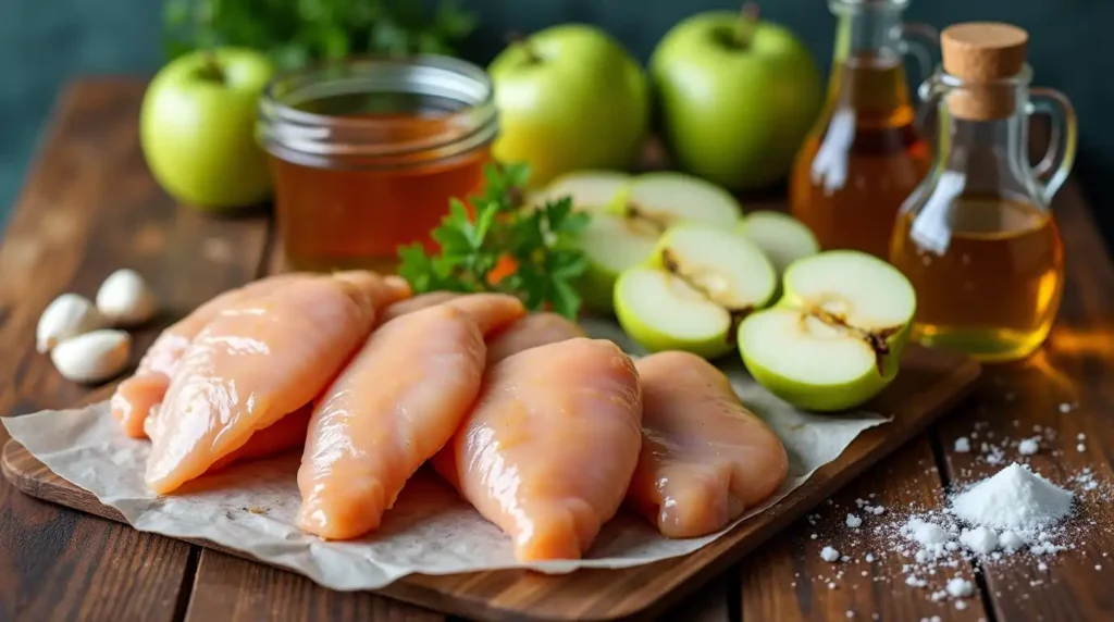 Apple and honey-glazed chicken tenders served with mashed potatoes, roasted vegetables, and a fresh green salad