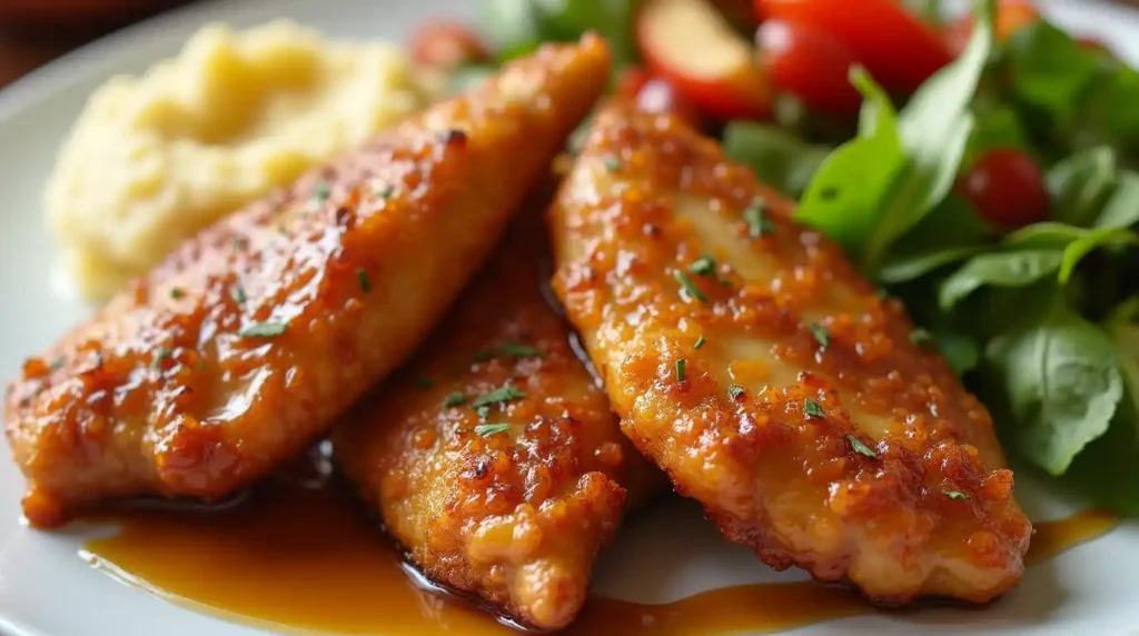 Apple and honey-glazed chicken tenders served with mashed potatoes, roasted vegetables, and a fresh green salad