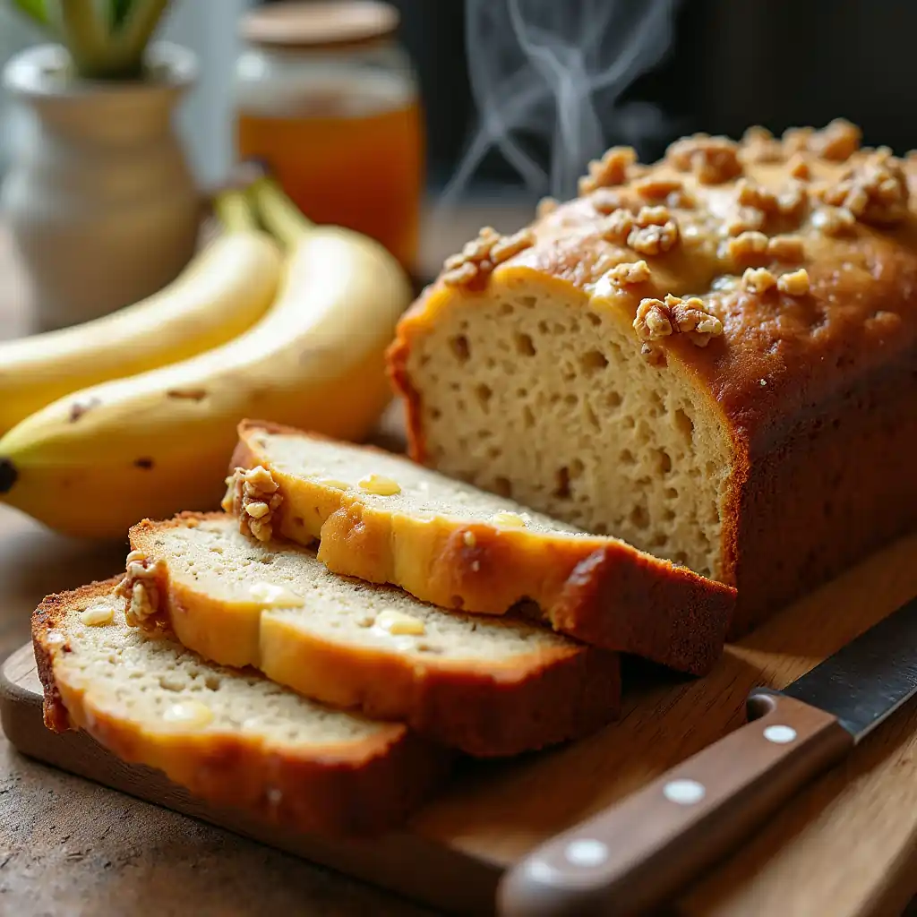Homemade banana bread loaf on a wooden board, sliced to show its moist texture, surrounded by bananas, eggs, and flour in a cozy kitchen setting.