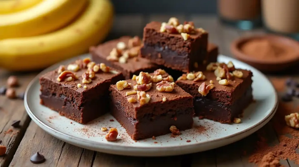 Freshly baked banana brownies with walnuts and pecans on a wooden table, showcasing their fudgy texture and gooey center.