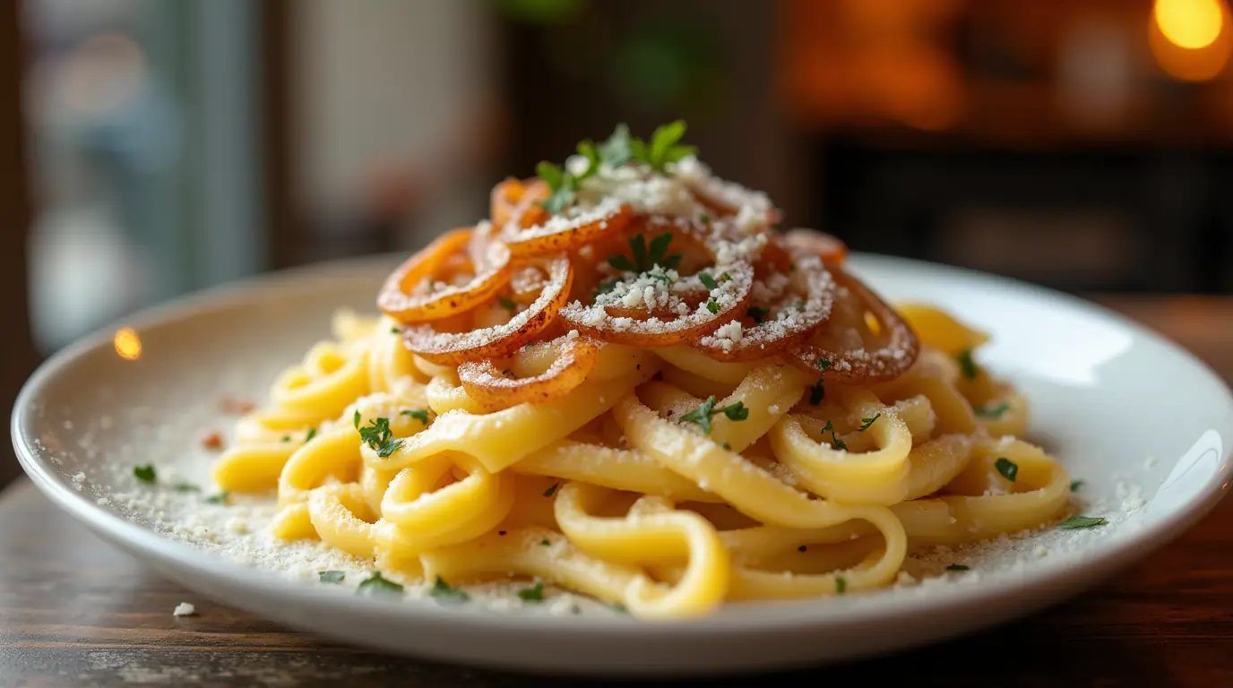Creamy pasta with eggs, caramelized onions, and Parmesan cheese.