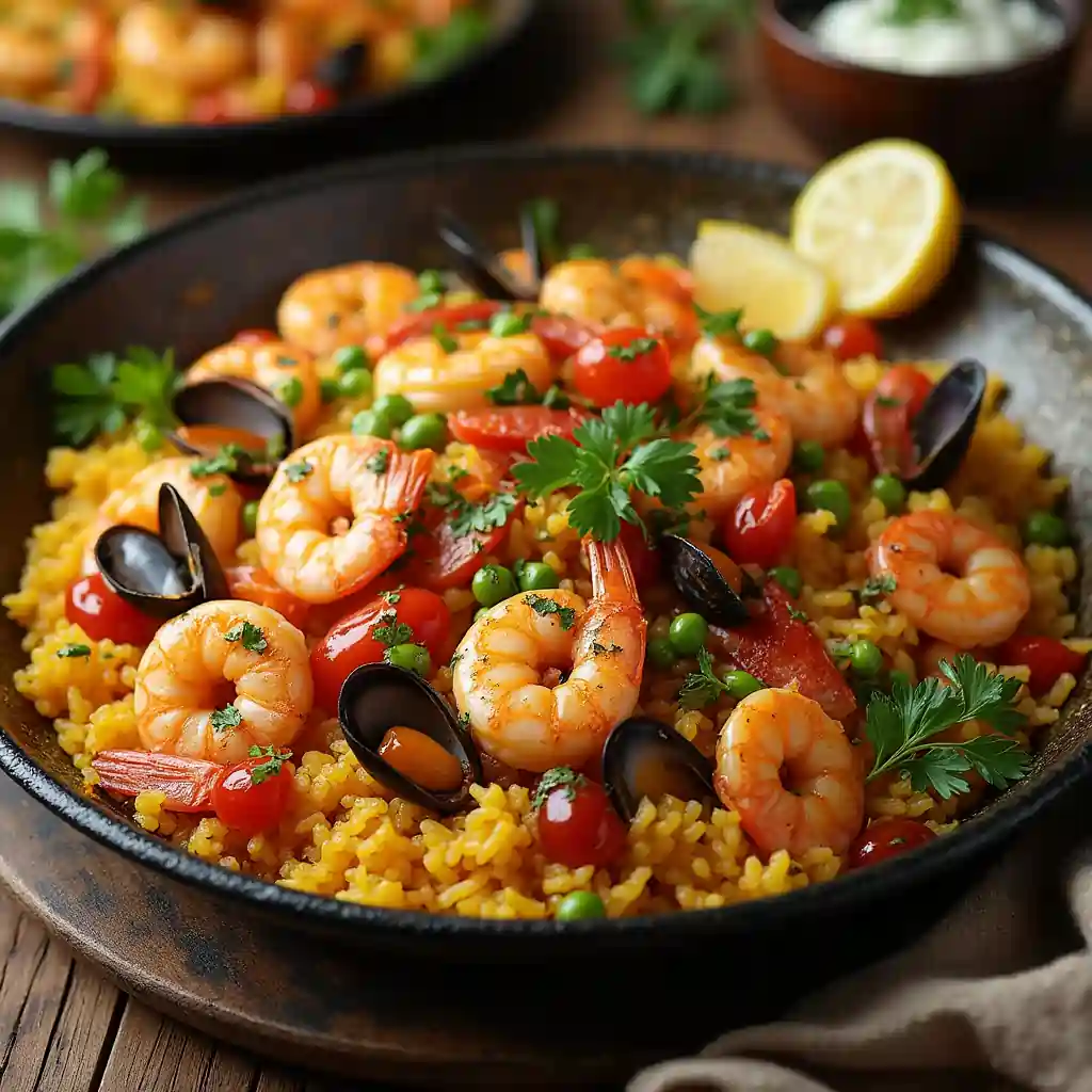 Delicious seafood paella with shrimp, mussels, squid, and vibrant vegetables