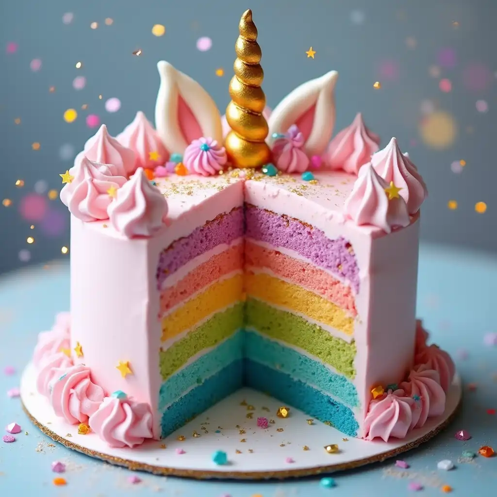 A magical unicorn cake decorated with pastel buttercream frosting, a golden fondant horn, unicorn ears, and colorful sprinkles