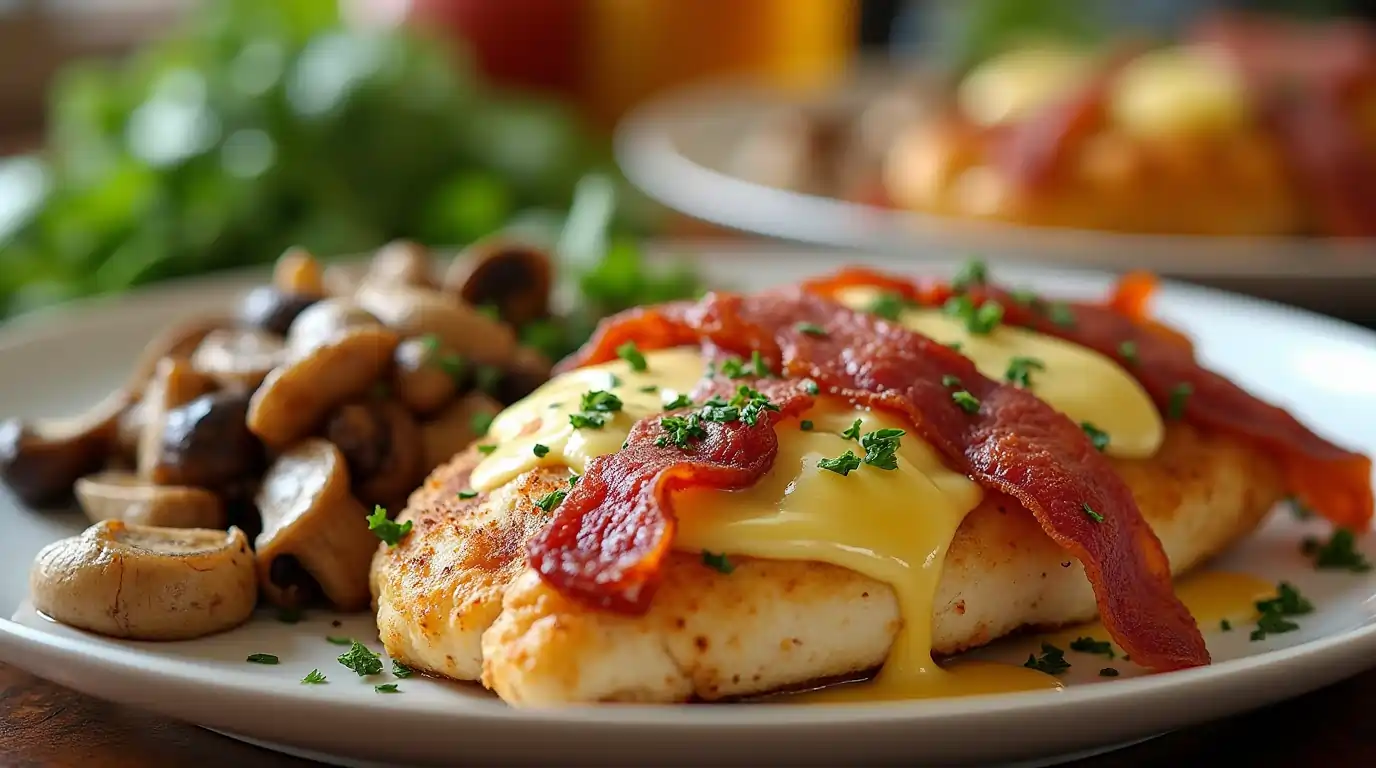 Close-up of a grilled Alice Springs Chicken breast topped with melted Swiss cheese, crispy bacon, and honey mustard sauce, garnished with fresh herbs and sautéed mushrooms