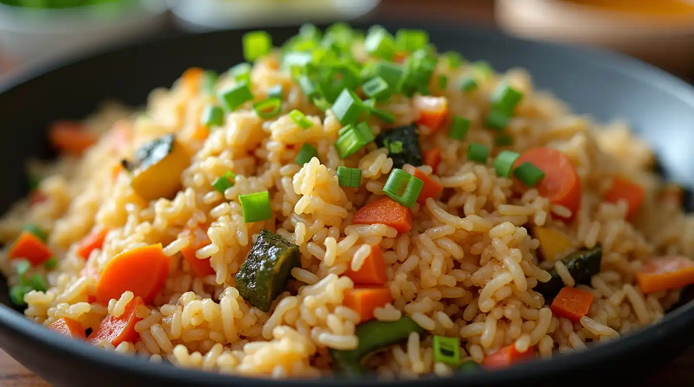 Plate of Burmese Garlic Fried Rice with vegetables, protein, crispy fried onions, and lime garnish