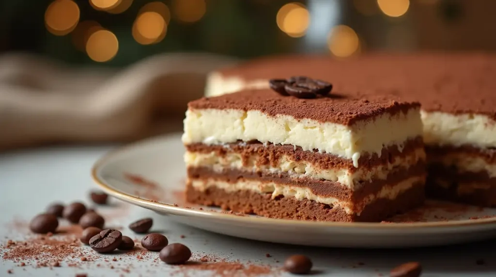 Delicious tiramisu cake with mascarpone layers and cocoa powder topping