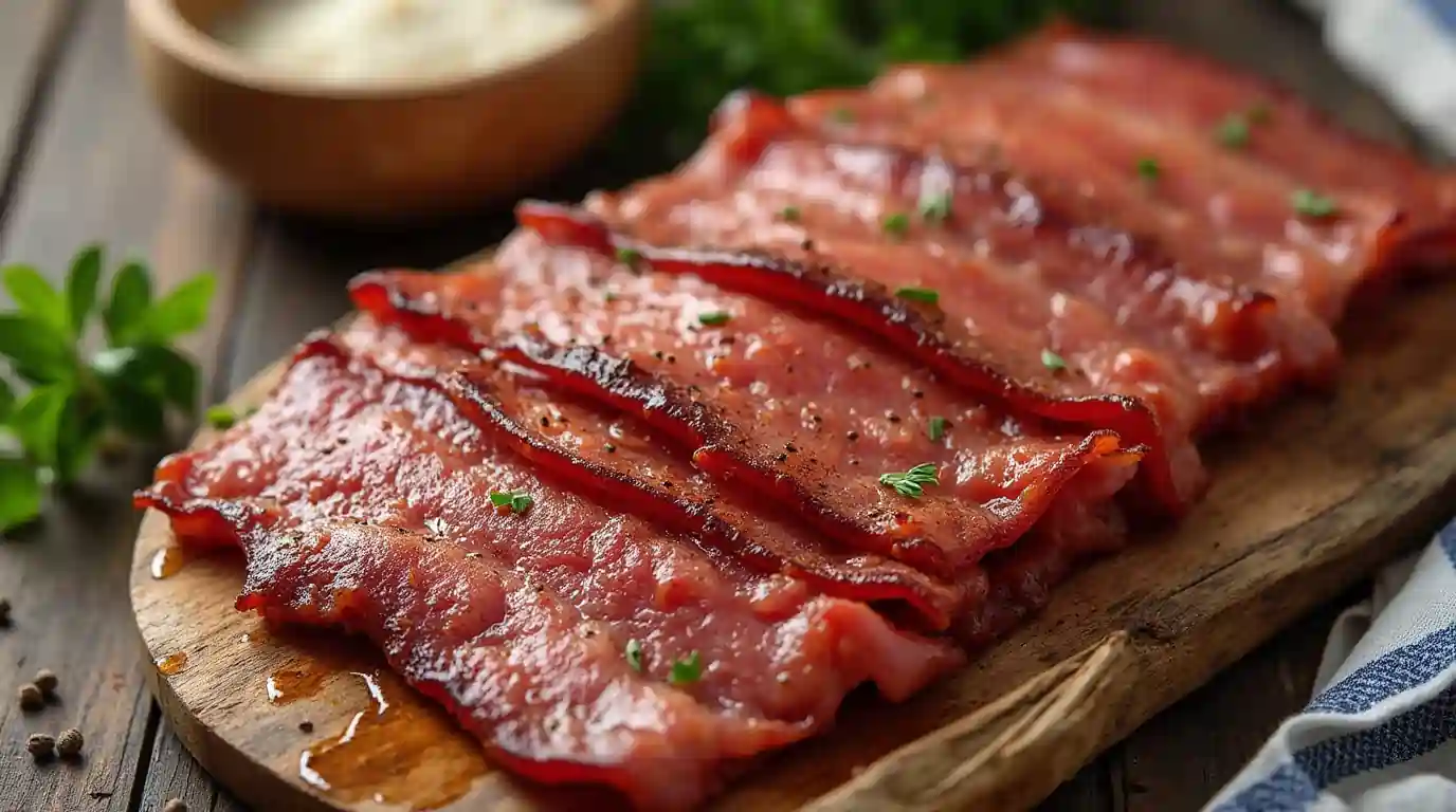 Homemade beef bacon served crispy with a golden-brown color on a rustic plate.