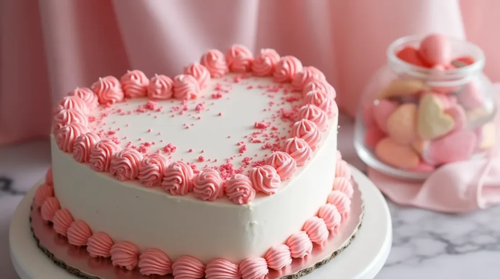 Delicious heart-shaped cake decorated with buttercream frosting, edible glitter, and fresh flowers, perfect for a romantic celebration.