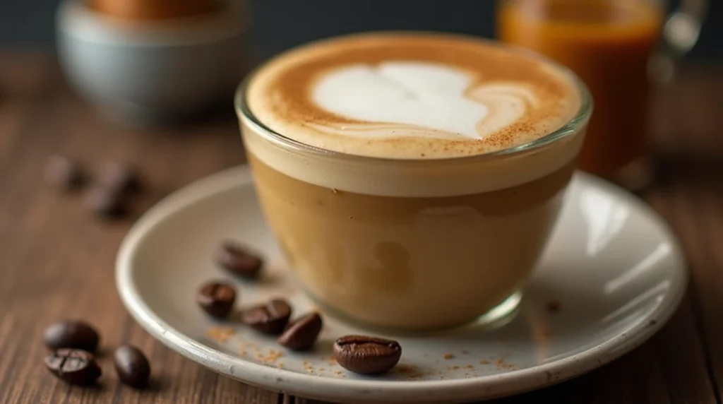 A close-up of a creamy breve coffee with rich espresso and frothy half-and-half, served in a clear glass cup