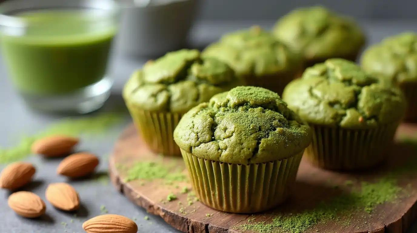Moist matcha muffins made with almond flour, showcasing a soft, vibrant green interior and a golden-brown exterior, perfect for a healthy, gluten-free snack.