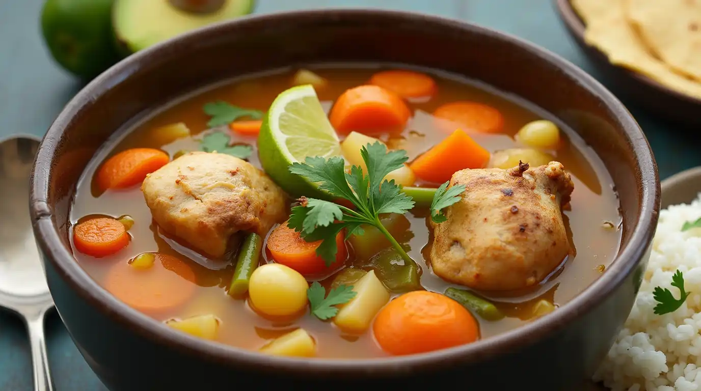 A bowl of caldo de pollo, a traditional Mexican chicken soup, with tender chicken, vibrant vegetables, and fresh cilantro, served with lime wedges and tortillas.