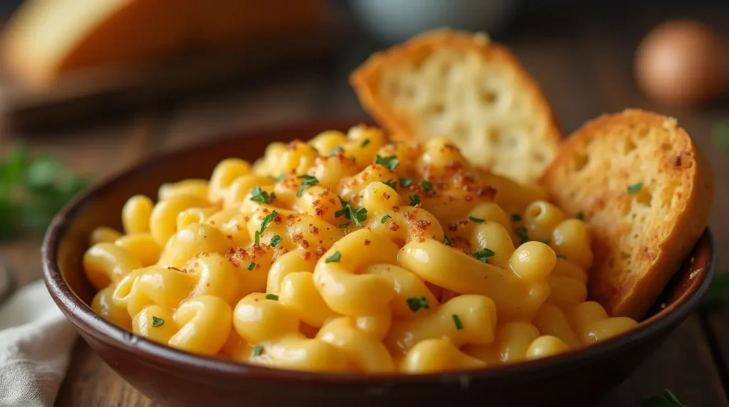 A creamy and cheesy Tinis Mac and Cheese dish with elbow macaroni coated in a rich cheddar, mozzarella, and parmesan sauce, served hot with a golden top.