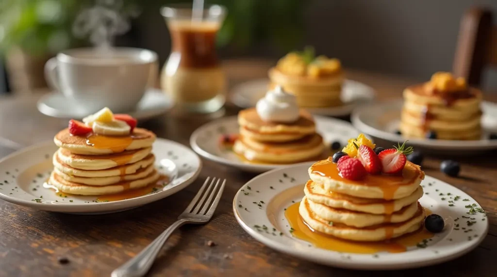 A plate of ultra-mini pancakes, golden-brown and fluffy, topped with maple syrup, fresh berries, and a dollop of Greek yogurt, served on a rustic wooden table.