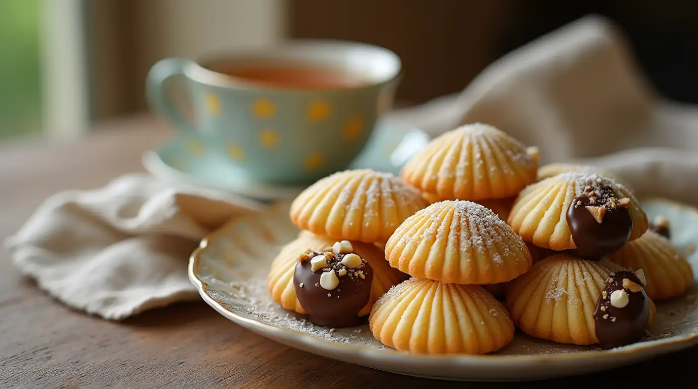 A plate of golden-brown Madeline cookies with a delicate shell shape, showcasing their soft and moist texture, made using cream for extra richness.