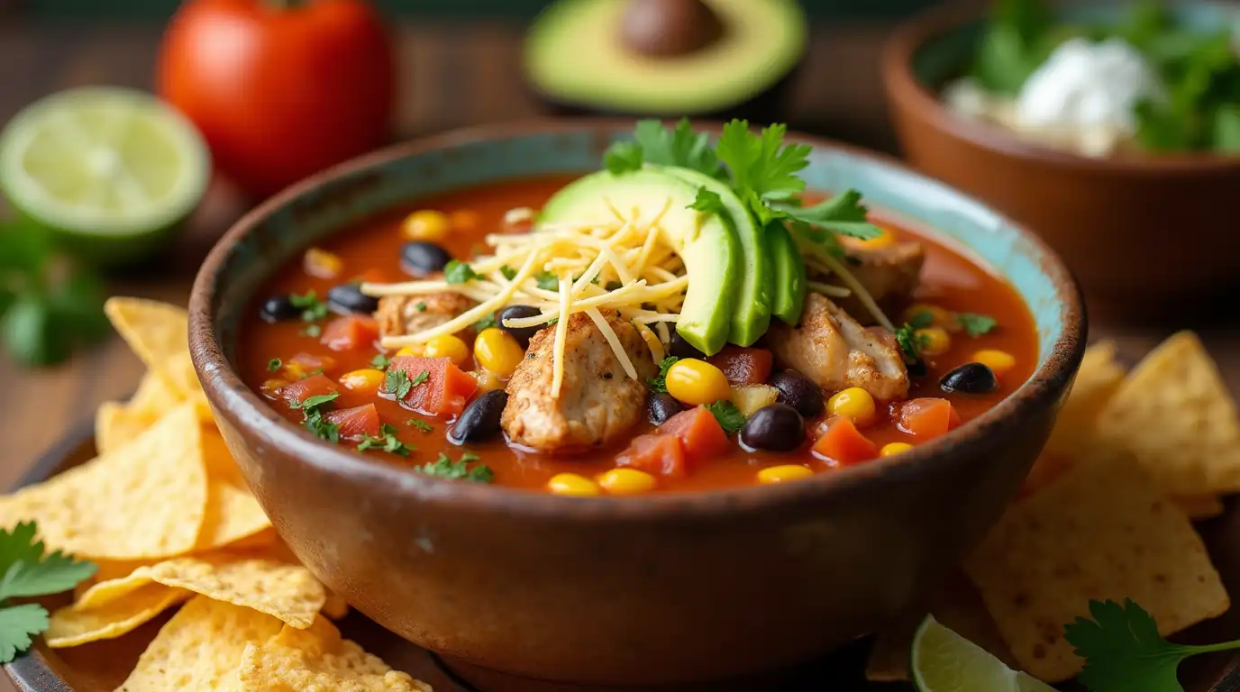A cozy bowl of Spark Recipes chicken taco soup with chicken breast, black beans, corn, and diced tomatoes, topped with avocado, cilantro, shredded cheese, and lime slices.