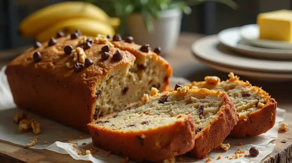 Freshly baked banana bread with chocolate chips and walnuts on a wooden cutting board, sliced to show its moist and fluffy interior.