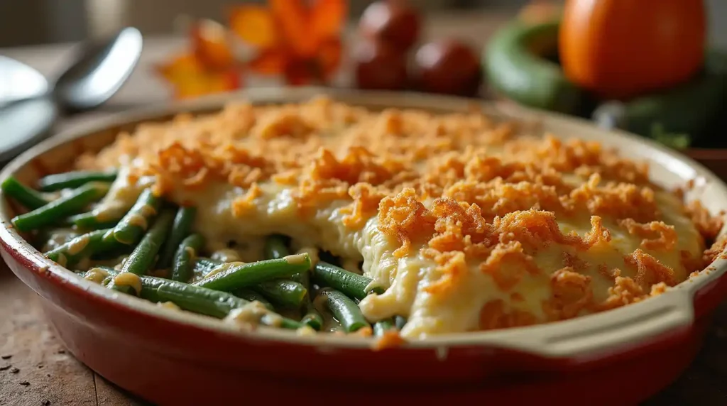 A freshly baked green bean casserole in a white ceramic dish, topped with crispy golden French-fried onions, with a serving spoon lifting a warm portion.