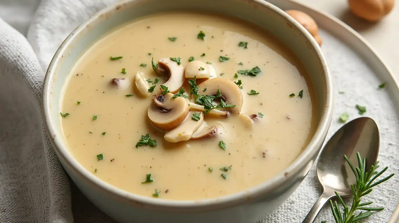 Homemade creamy cream of mushroom soup served in a bowl with fresh herbs and a side of crusty bread