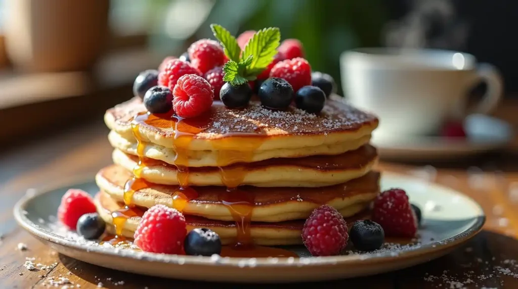 A stack of fluffy sourdough discard pancakes with golden-brown edges, drizzled with maple syrup, topped with fresh berries and a dollop of Greek yogurt, served on a rustic wooden plate
