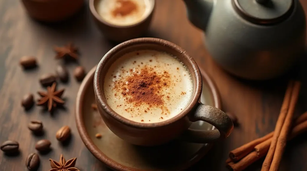 A steaming cup of dirty chai latte with frothed milk, cinnamon sprinkle, and a shot of espresso on a rustic wooden table, surrounded by chai spices.