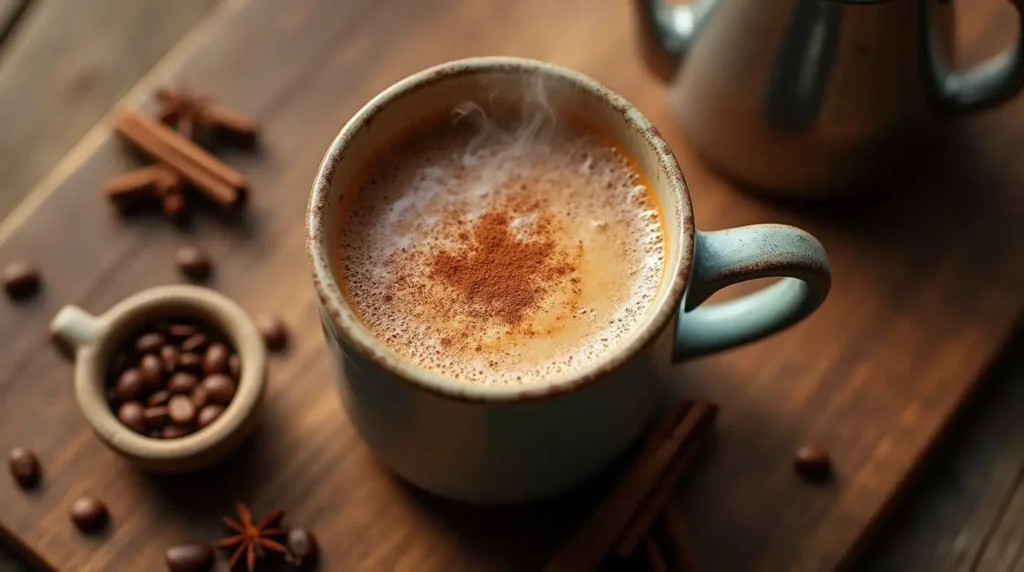 A steaming cup of dirty chai latte with frothed milk, cinnamon sprinkle, and a shot of espresso on a rustic wooden table, surrounded by chai spices.