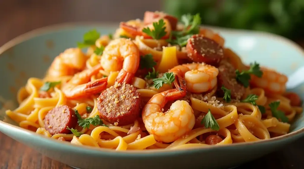 Pappadeaux’s Pasta Mardi Gras with shrimp, crawfish, and andouille sausage in a creamy Cajun sauce served on fettuccine pasta