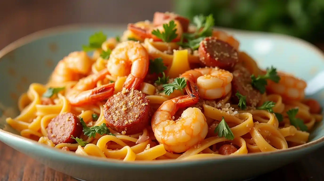 Pappadeaux’s Pasta Mardi Gras with shrimp, crawfish, and andouille sausage in a creamy Cajun sauce served on fettuccine pasta