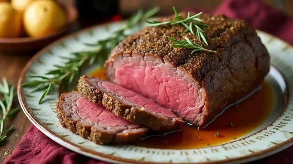 Juicy, perfectly roasted ribeye roast with a golden crust, garnished with fresh herbs and served on a wooden cutting board.