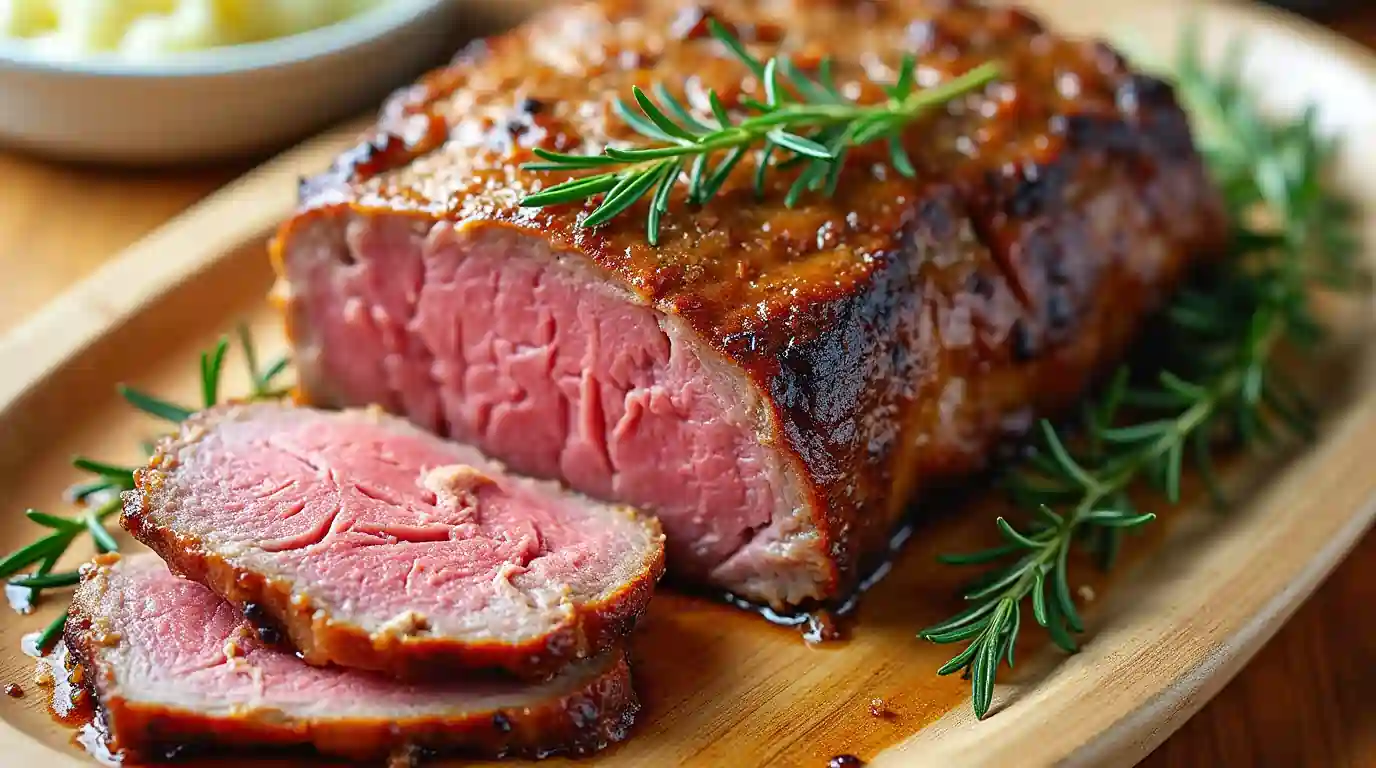 Juicy, perfectly roasted ribeye roast with a golden crust, garnished with fresh herbs and served on a wooden cutting board.