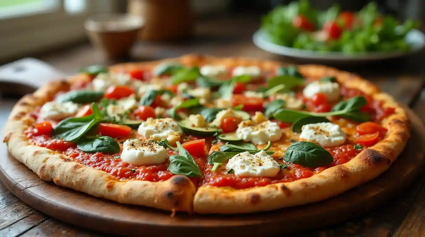A freshly baked diabetic-friendly pizza with a low-carb crust, sugar-free tomato sauce, lean proteins, and fiber-rich vegetables, served on a wooden board.