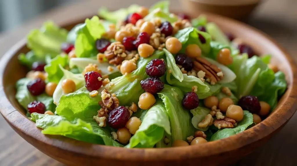 Fresh lettuce cranberry nuts chickpea salad with chickpeas, dried cranberries, almonds, walnuts, and a balsamic dressing.